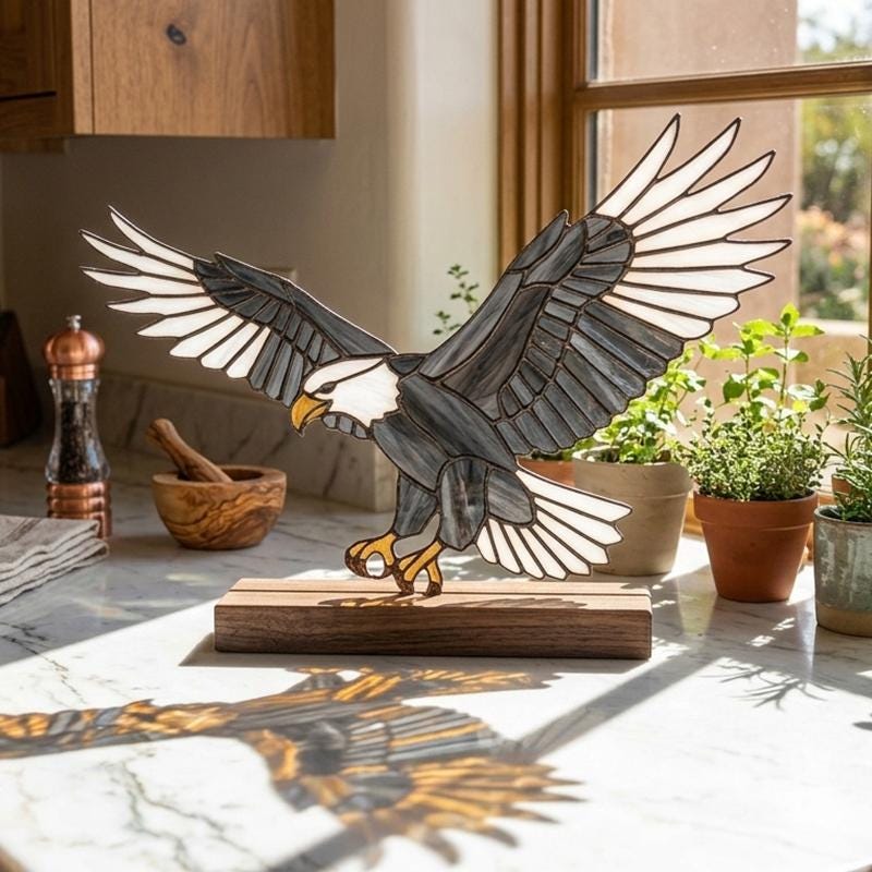 Bald Eagle Glass Decor with Walnut Base