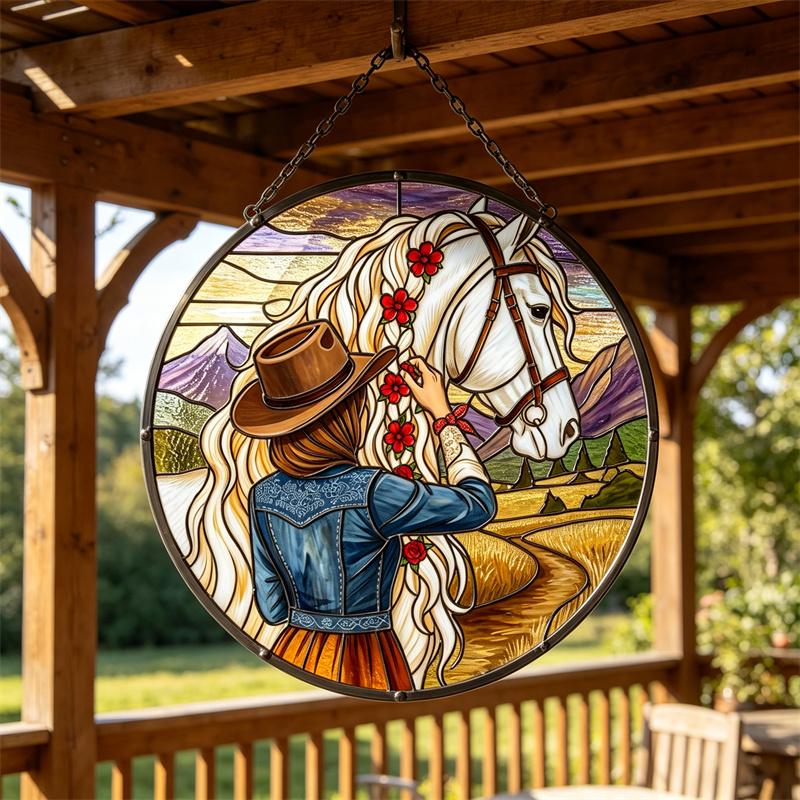 Western Cowgirl and Horse Glass Suncatcher