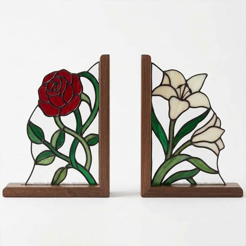 Rose and White Flower Glass Bookends
