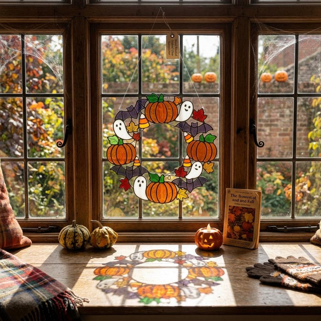 Ghost and Pumpkin Wreath Glass Suncatcher