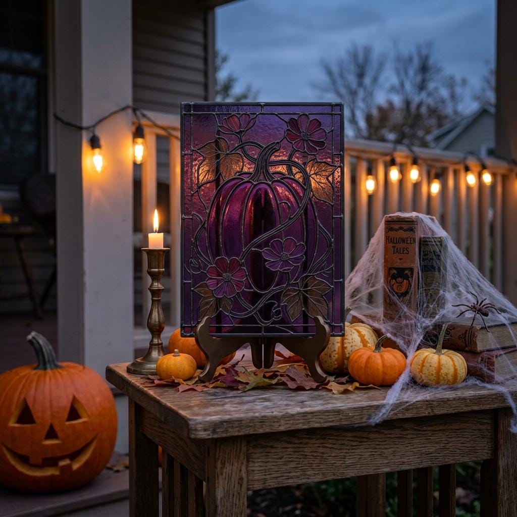 Purple Floral Pumpkin Glass Suncatcher