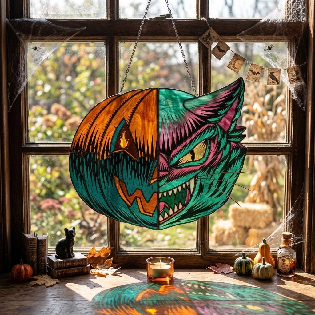 Split-Face Pumpkin Cat Glass Suncatcher