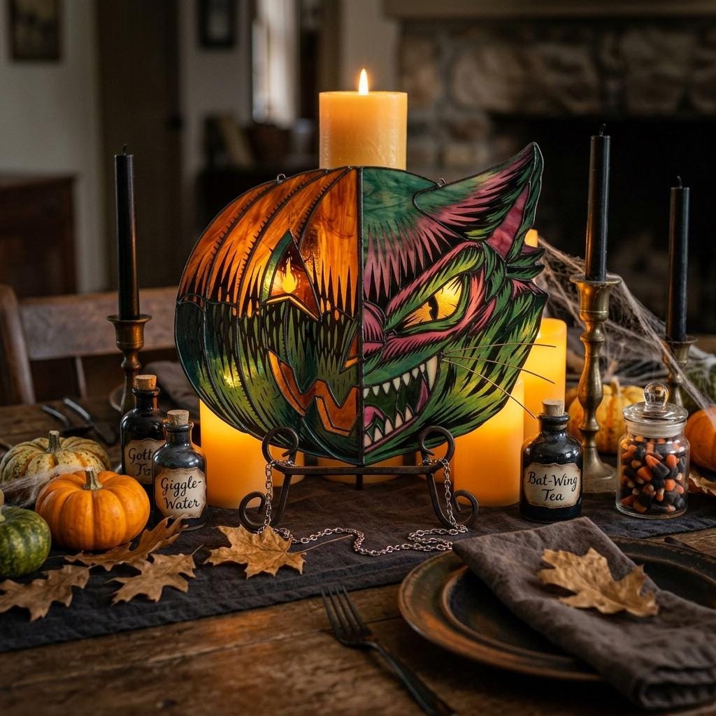 Split-Face Pumpkin Cat Glass Suncatcher