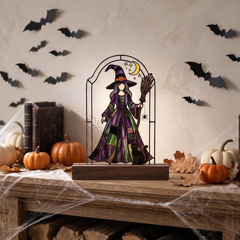 Witch and Black Cat Glass Decor