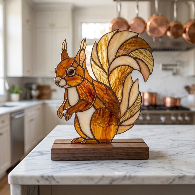 Squirrel Glass Decor with Walnut Base