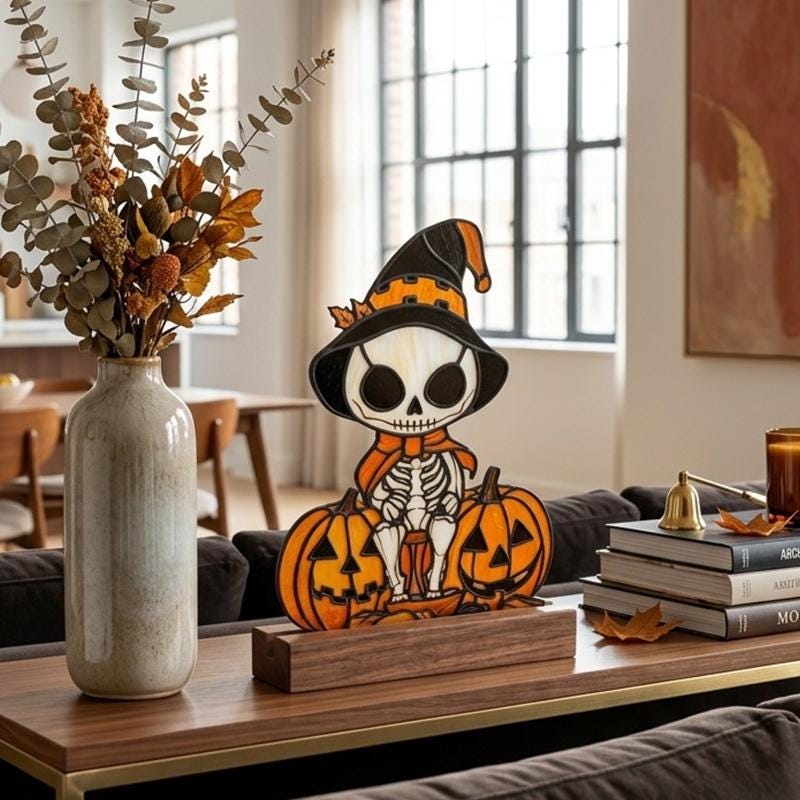 Skeleton Pumpkin Glass Decor
