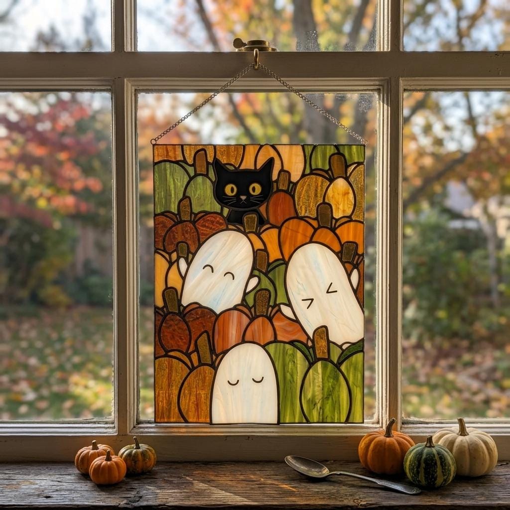 Black Cat Pumpkin Patch Suncatcher