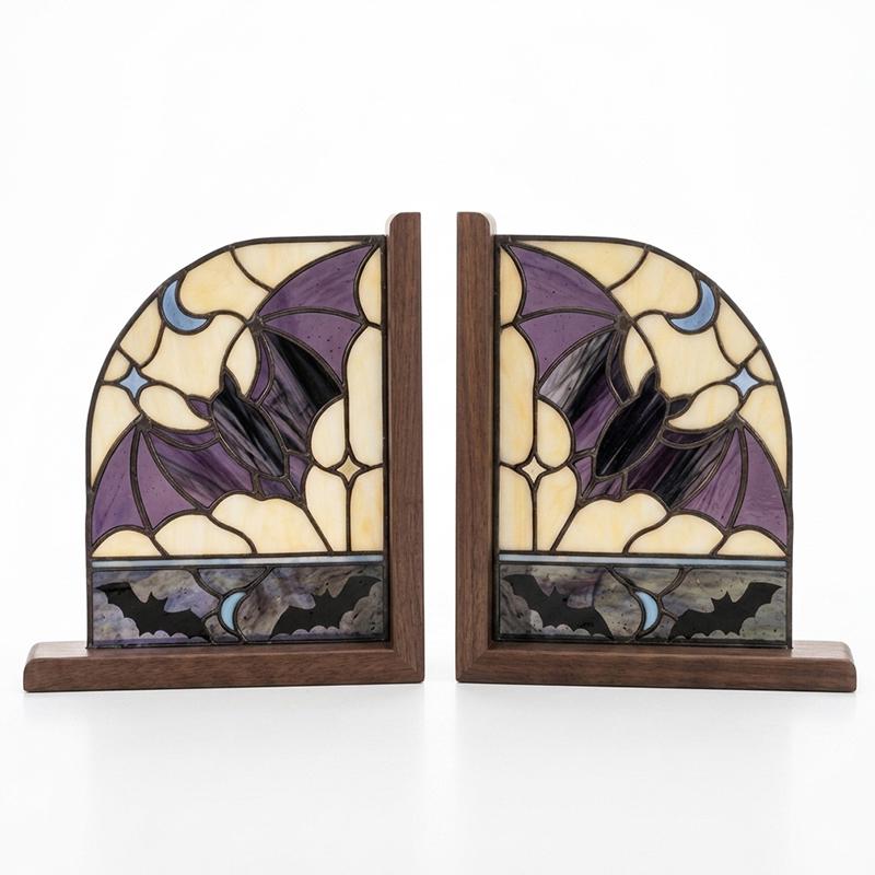 Bat and Crescent Moon Glass Bookends