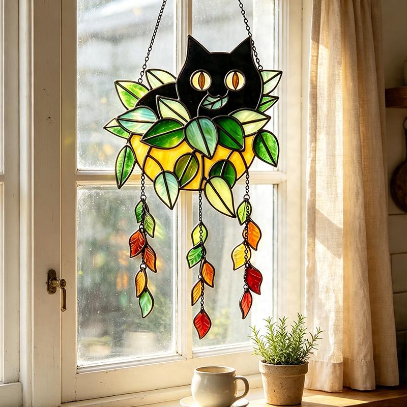 Black Cat Planter Glass Suncatcher