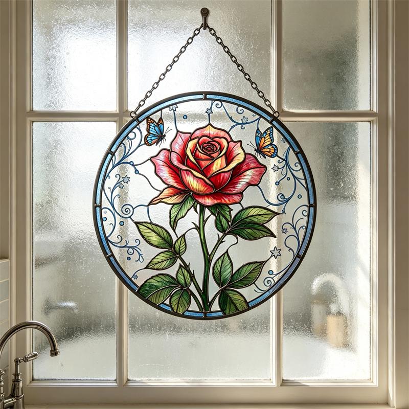 Rose and Butterfly Glass Wall Hanging