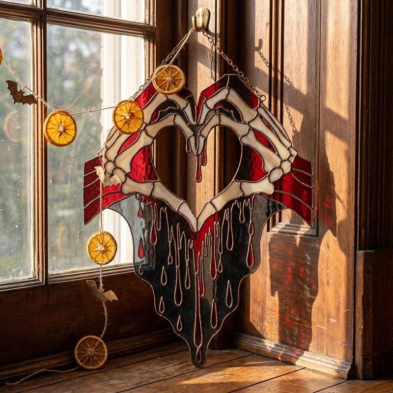 Skeleton Hands Heart Glass Suncatcher