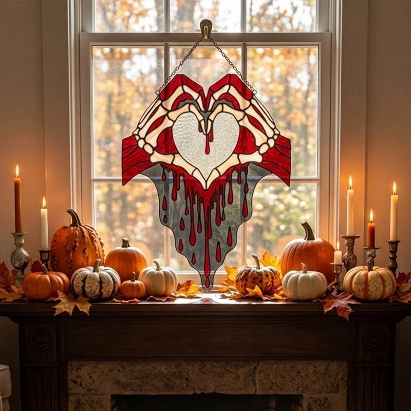 Skeleton Hands Heart Glass Suncatcher