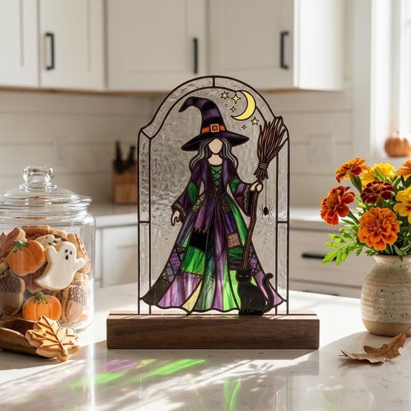 Witch and Black Cat Glass Decor