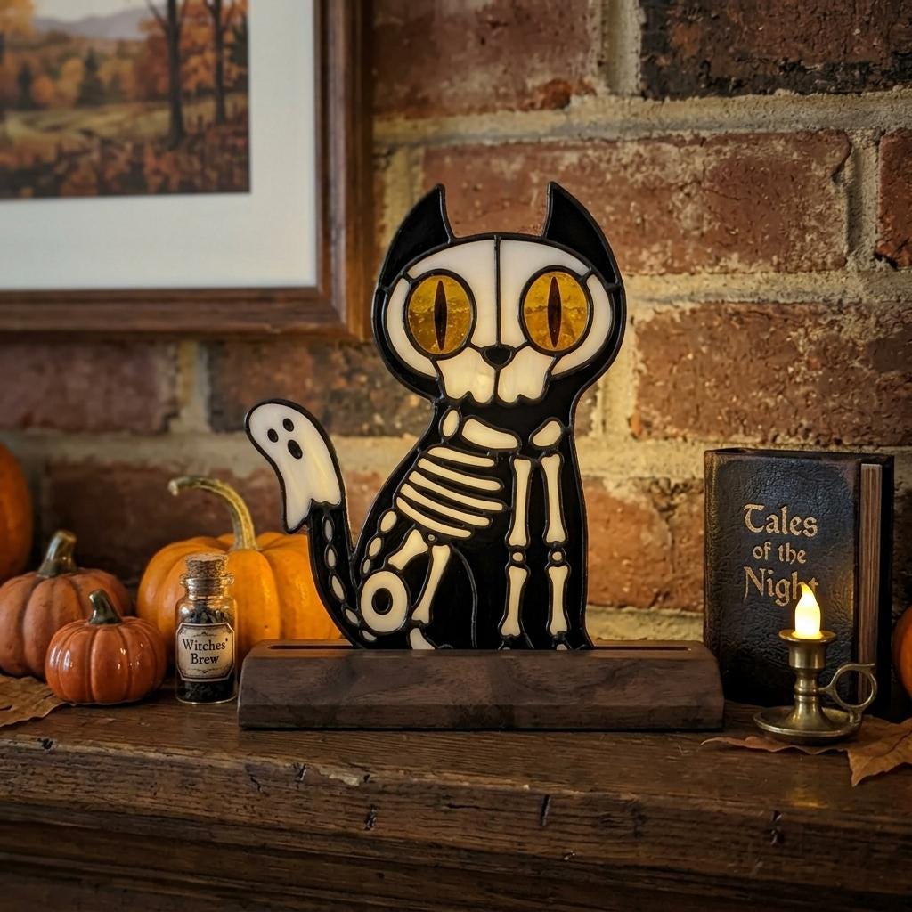 Skeleton Cat Glass Decor
