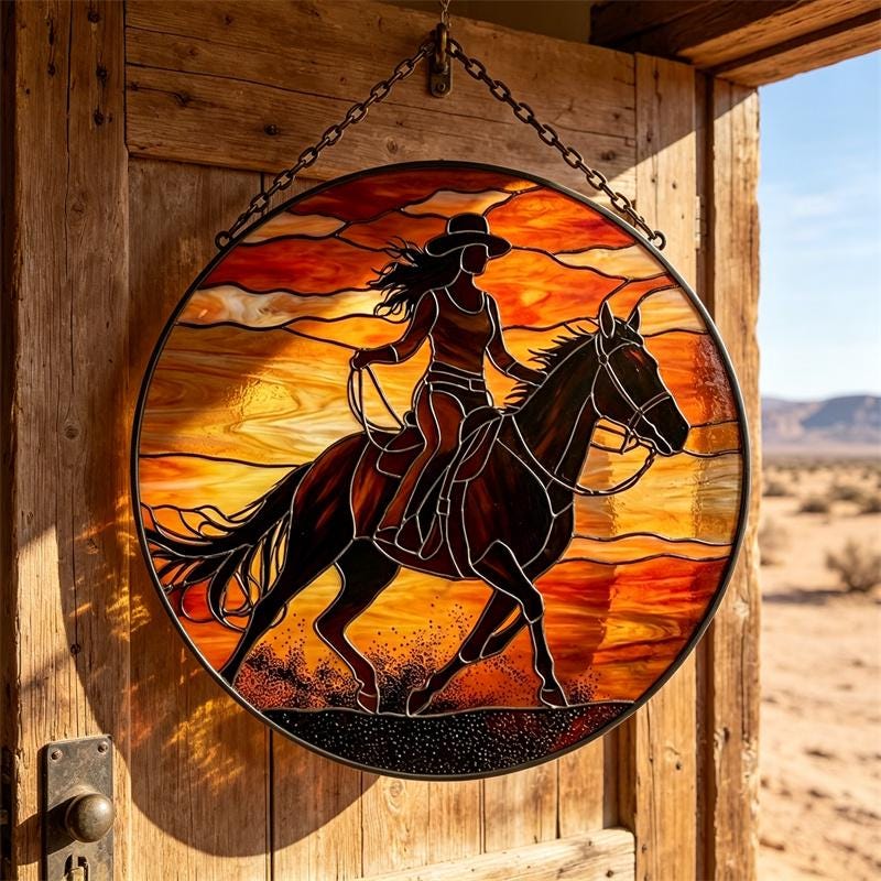 Sunset Cowgirl and Horse Glass Suncatcher