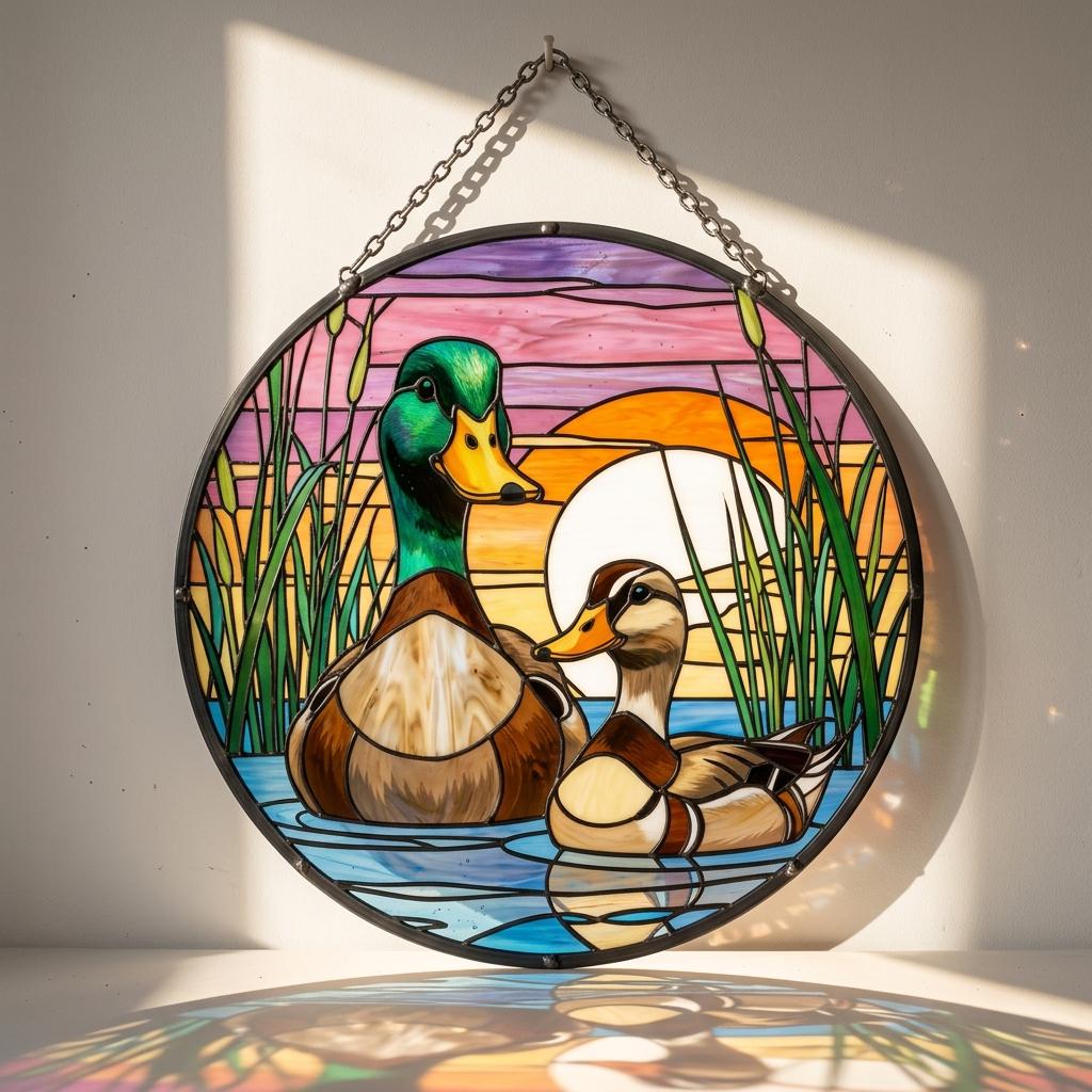 Sunset Duck Couple Glass Wall Hanging