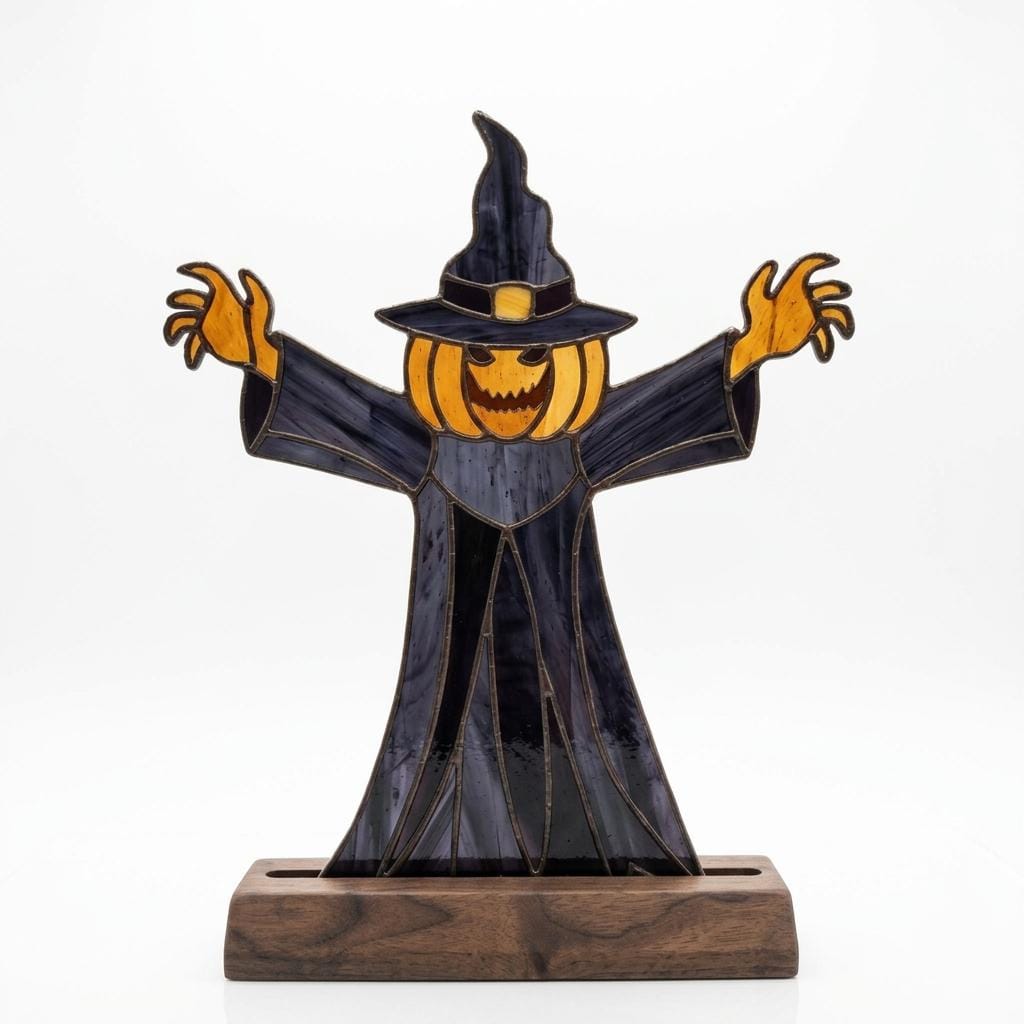 Pumpkin Witch Scarecrow Glass Decor