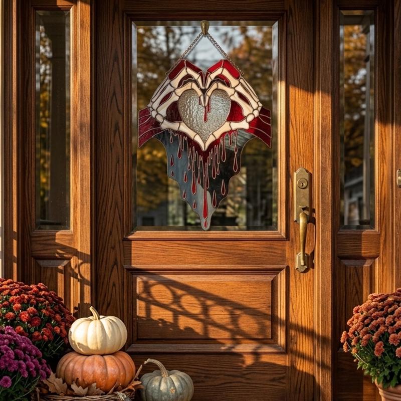 Skeleton Hands Heart Glass Suncatcher