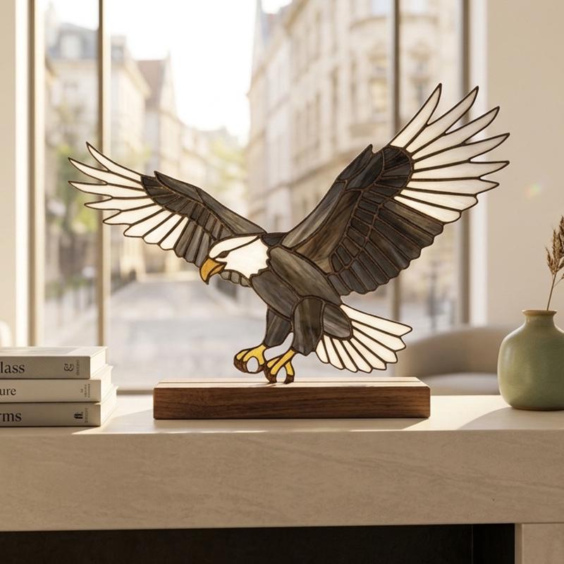 Bald Eagle Glass Decor with Walnut Base