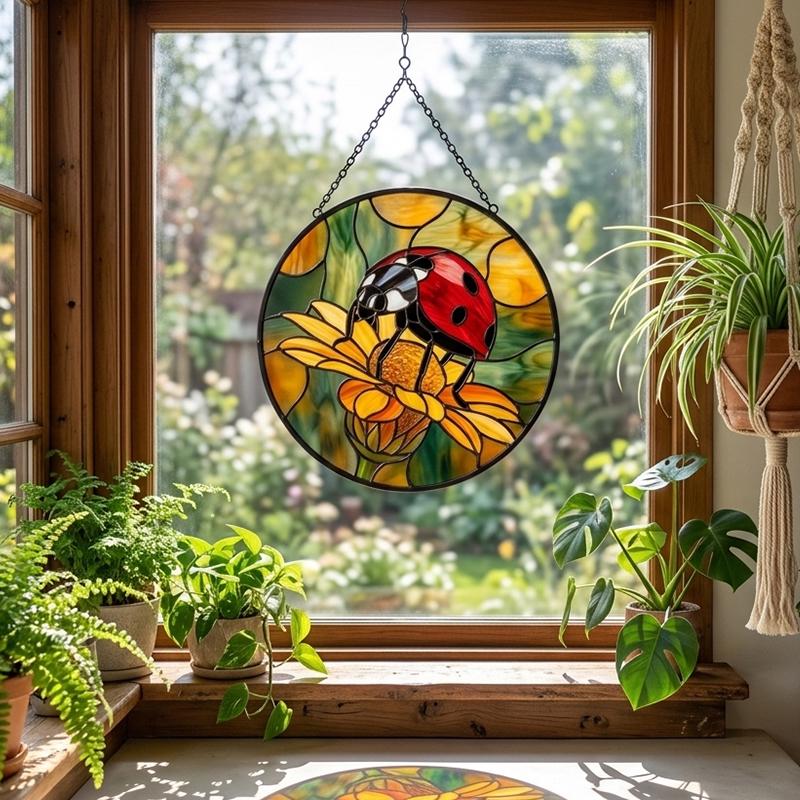 Ladybug Chrysanthemum Glass Suncatcher