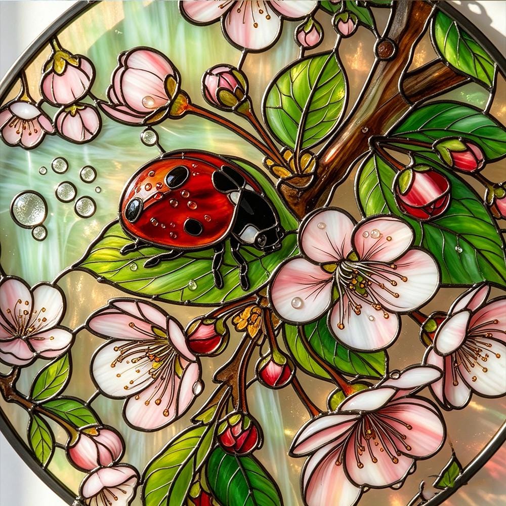 Ladybug Cherry Blossom Glass Suncatcher