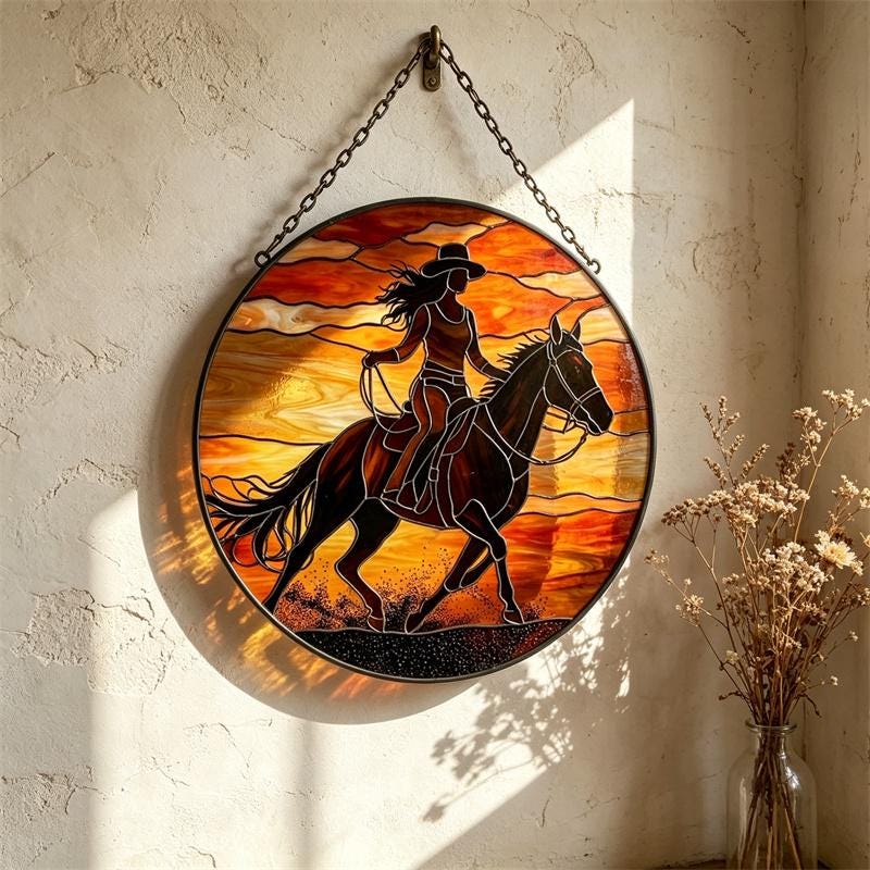 Sunset Cowgirl and Horse Glass Suncatcher