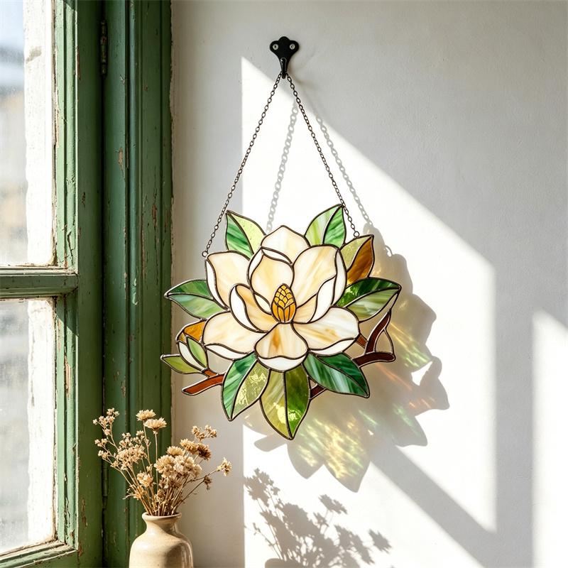 White Magnolia Glass Suncatcher