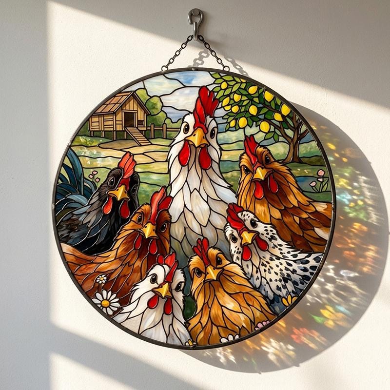 Chicken Family Glass Suncatcher