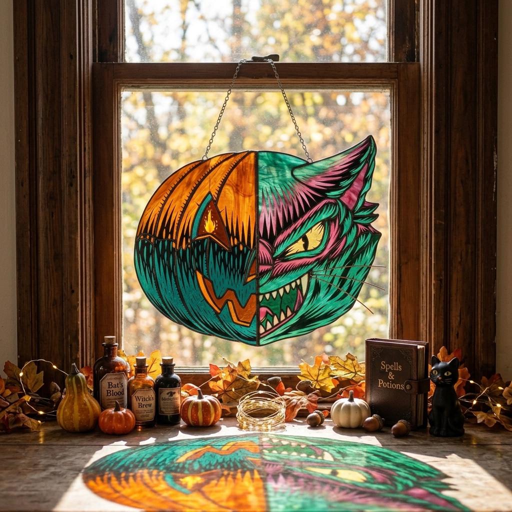 Split-Face Pumpkin Cat Glass Suncatcher
