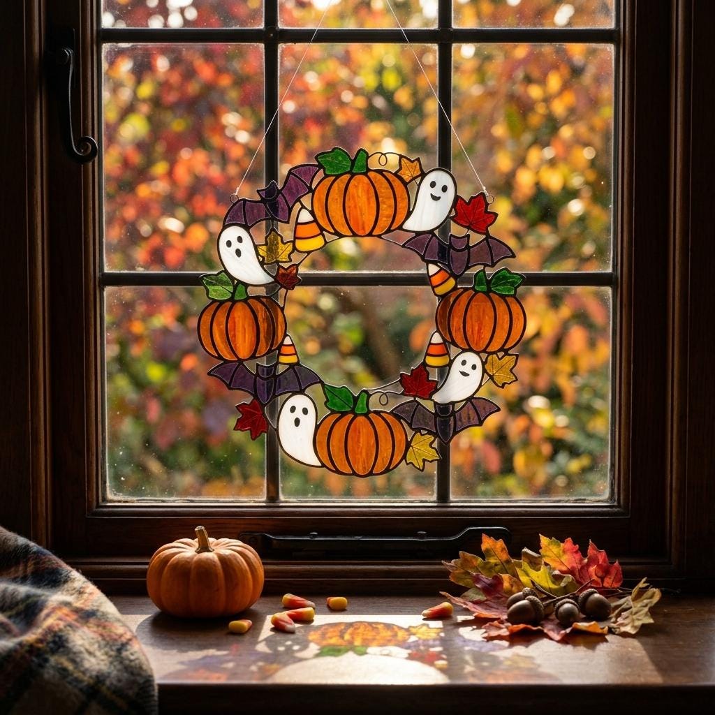 Ghost and Pumpkin Wreath Glass Suncatcher