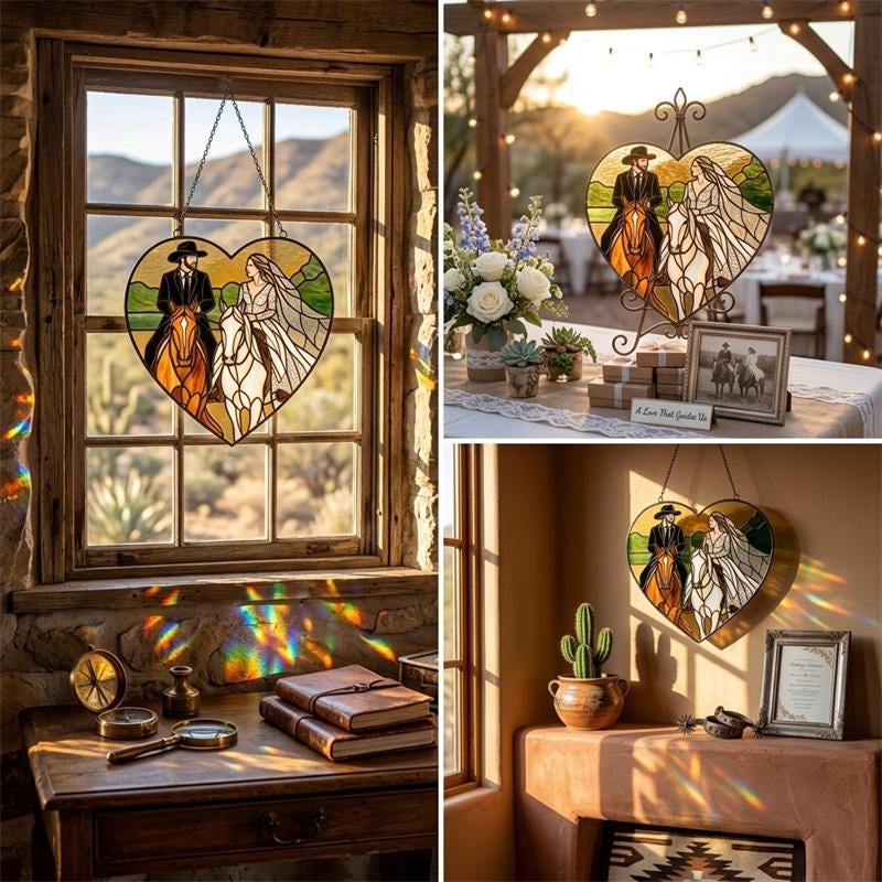 Bride and Groom Horse Heart Glass Suncatcher