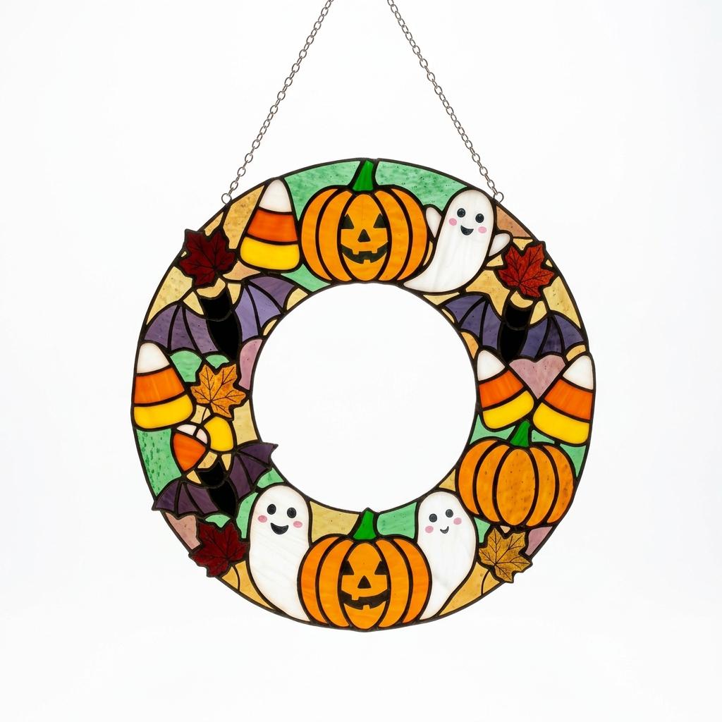 Pumpkin Party Wreath Glass Suncatcher