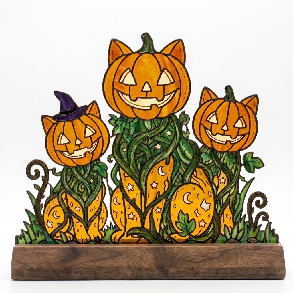 Pumpkin Cat Trio Glass Decor