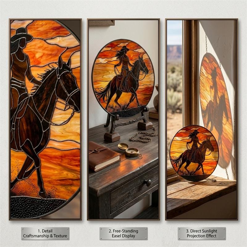 Sunset Cowgirl and Horse Glass Suncatcher