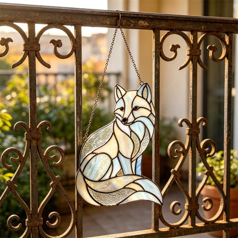Blue and White Fox Glass Suncatcher