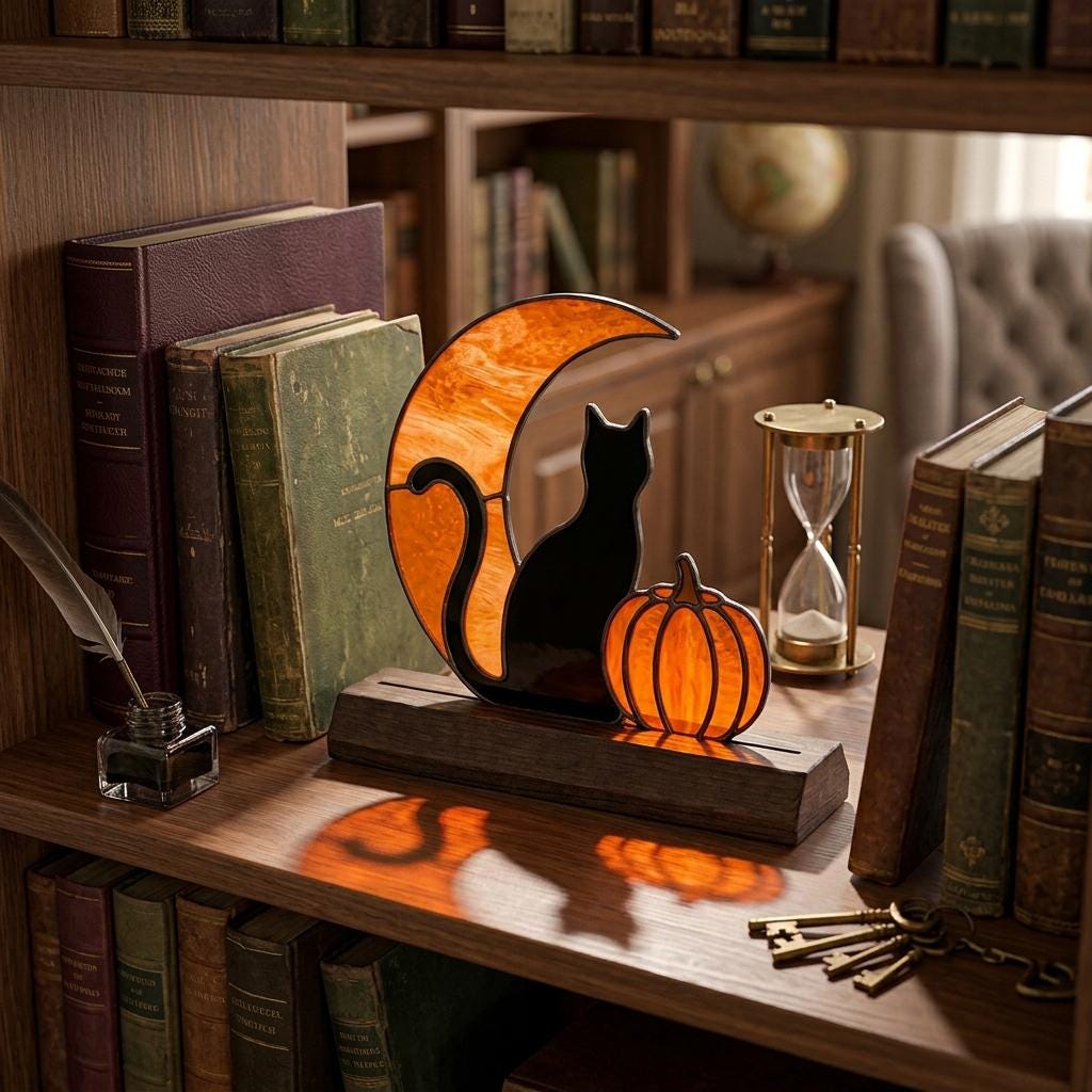 Black Cat Moon and Pumpkin Glass Decor