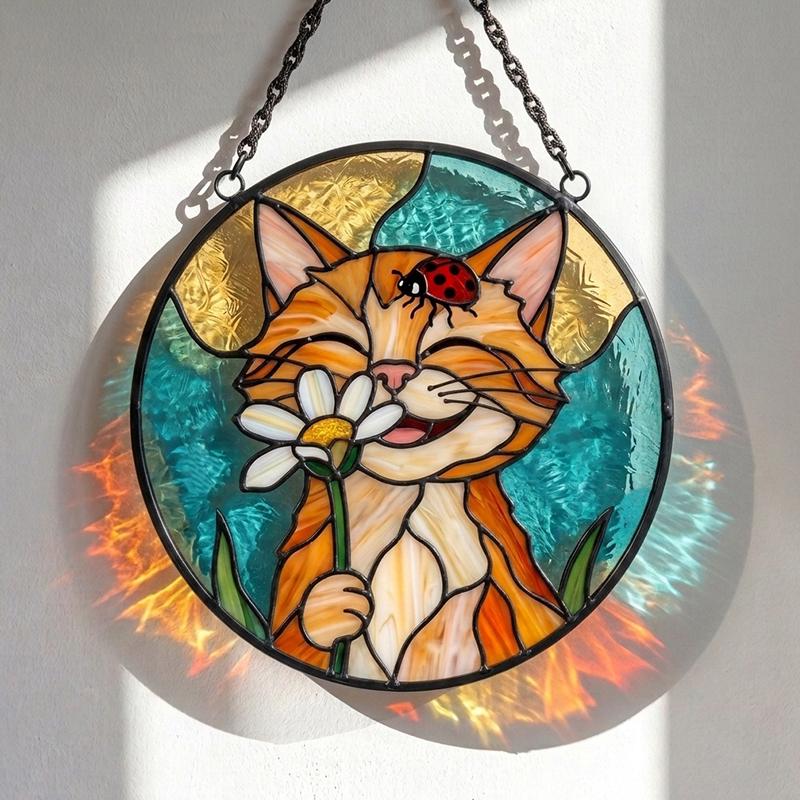 Orange Cat Daisy Glass Suncatcher