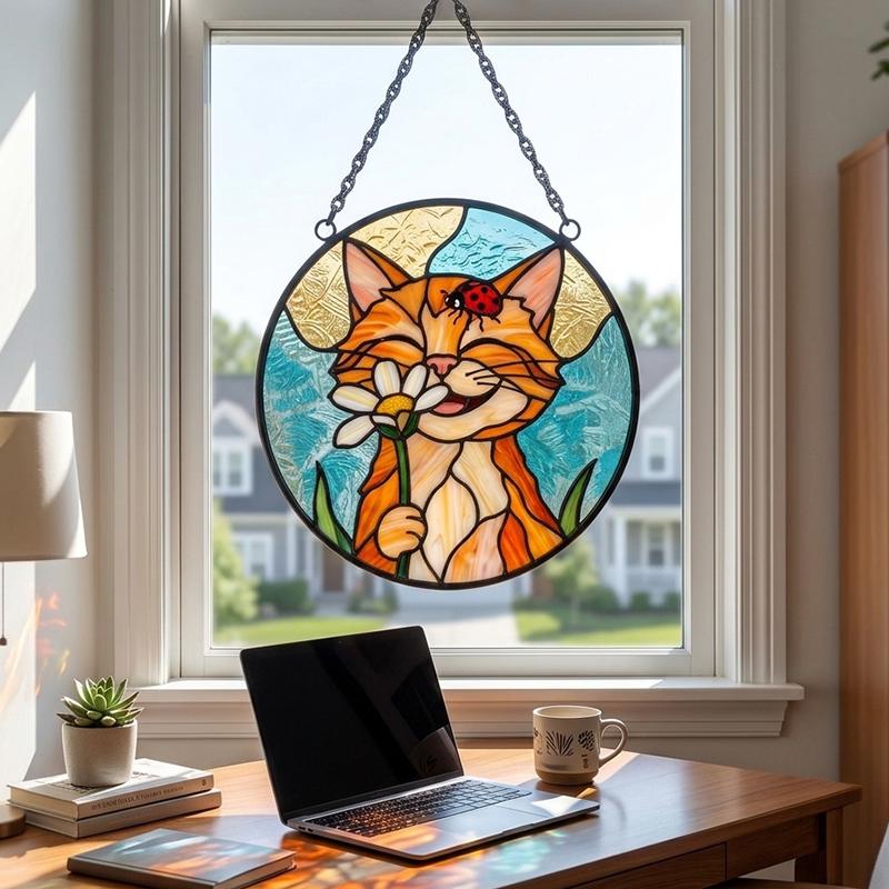 Orange Cat Daisy Glass Suncatcher