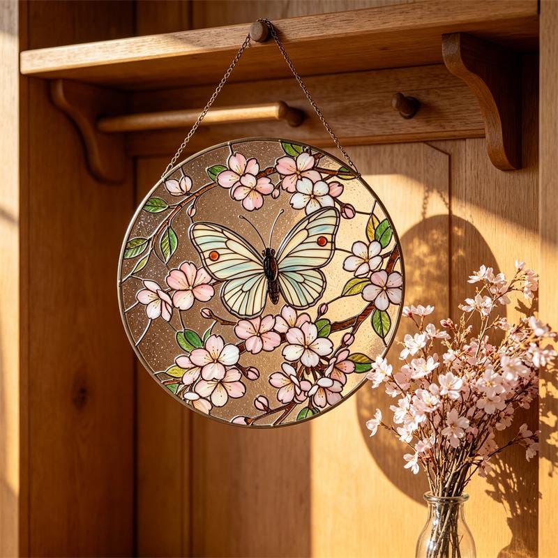 Cherry Blossom Butterfly Glass Wall Hanging