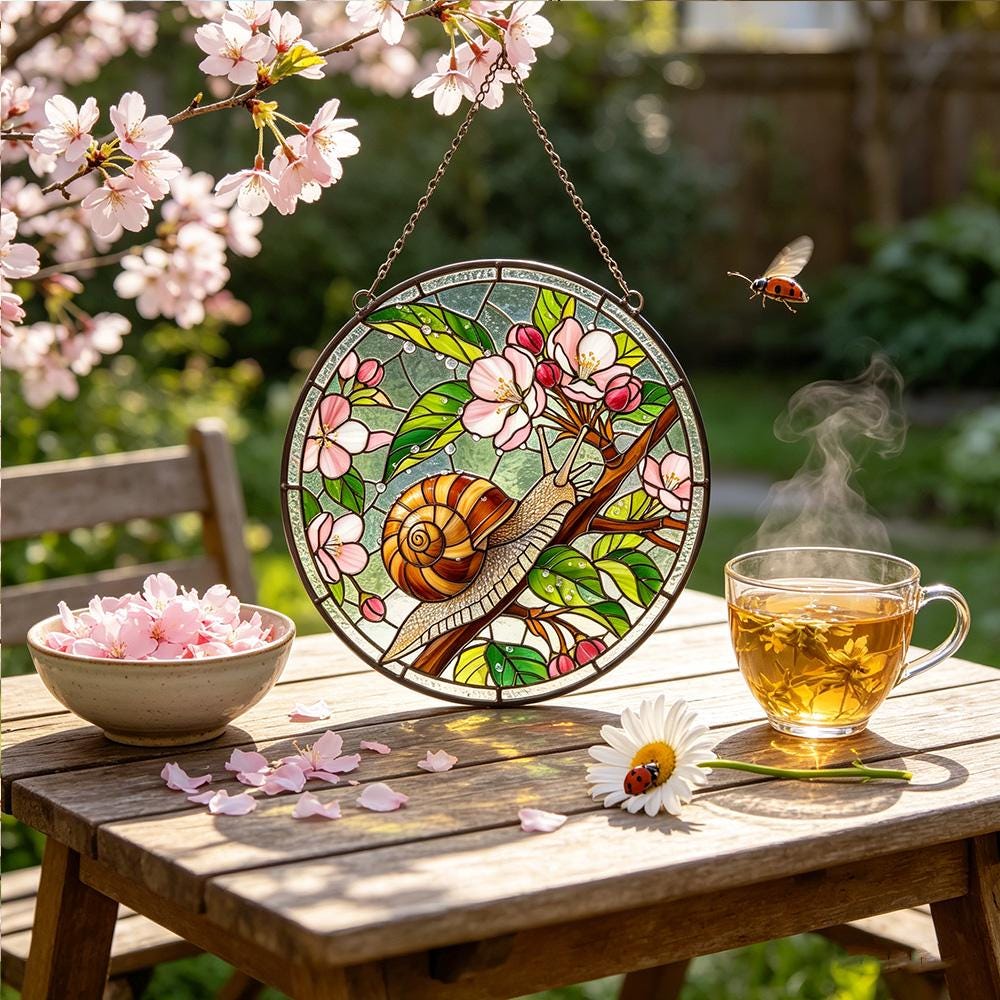 Snail Cherry Blossom Glass Suncatcher