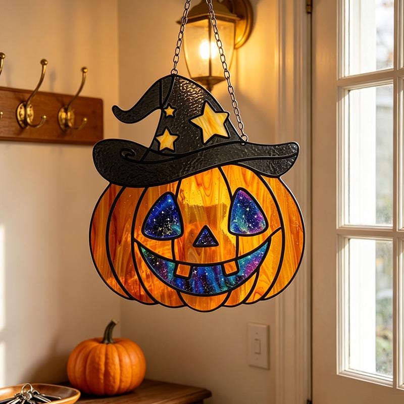 Witch Hat Pumpkin Glass Suncatcher