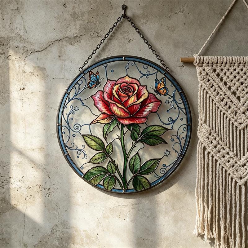 Rose and Butterfly Glass Wall Hanging