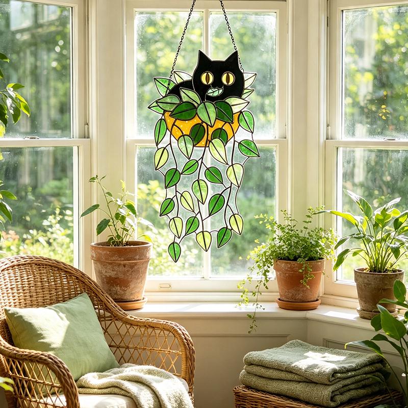 Black Cat Trailing Leaves Glass Suncatcher