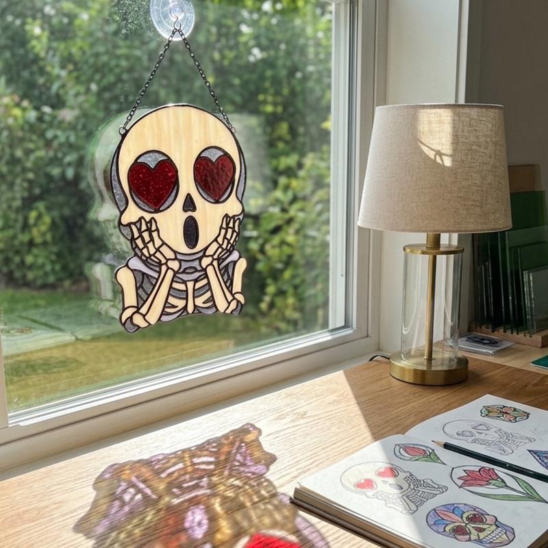 Heart-Eyed Skeleton Glass Suncatcher
