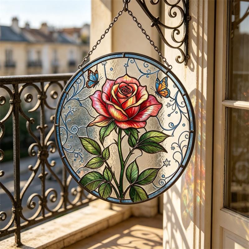 Rose and Butterfly Glass Wall Hanging