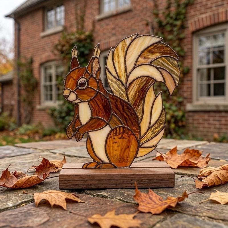 Squirrel Glass Decor with Walnut Base
