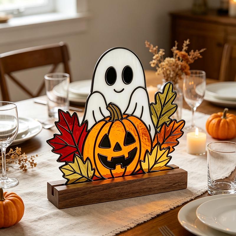 Ghost and Pumpkin Glass Decor