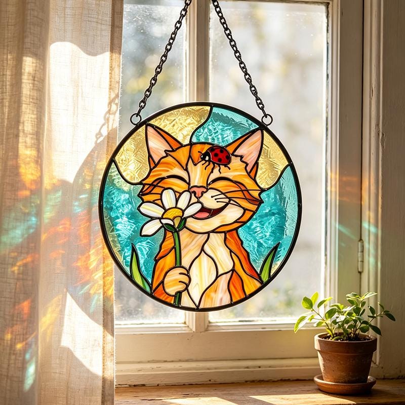 Orange Cat Daisy Glass Suncatcher