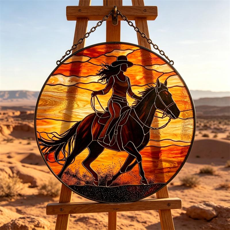 Sunset Cowgirl and Horse Glass Suncatcher