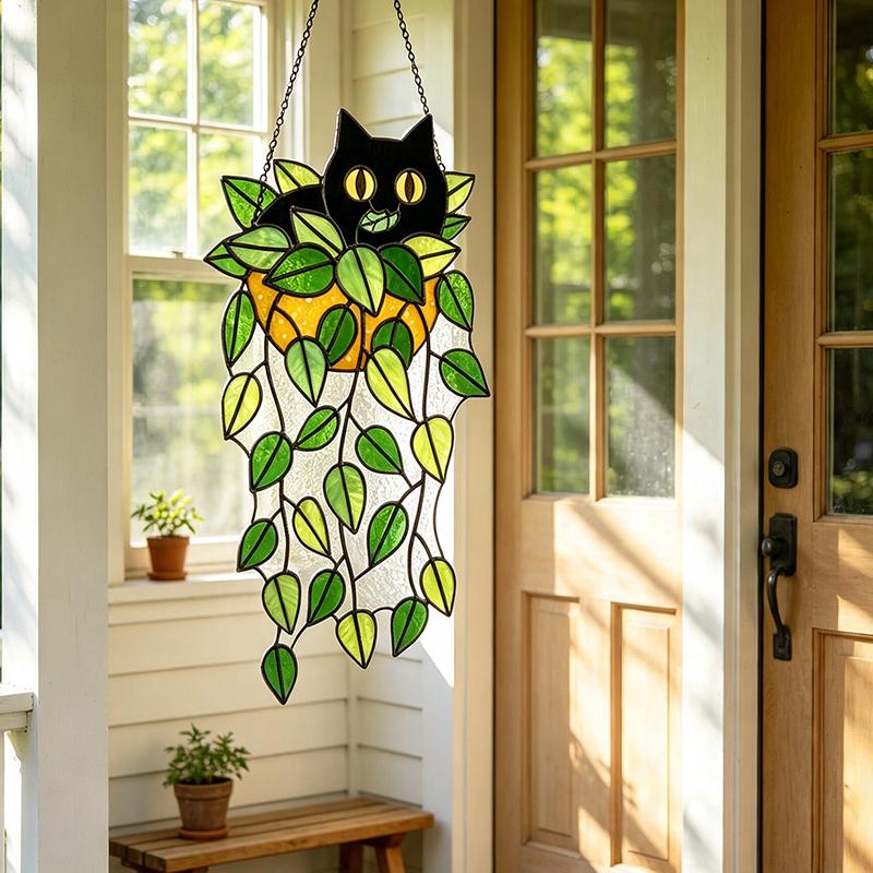 Black Cat Trailing Leaves Glass Suncatcher